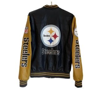 NFL Pittsburgh Steelers Faux Leather Vinyl Letterman Varsity Bomber Jacket